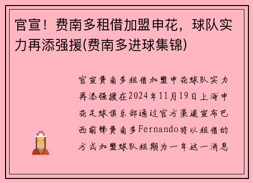 官宣！费南多租借加盟申花，球队实力再添强援(费南多进球集锦)