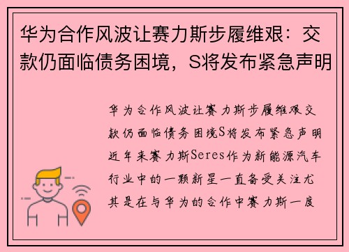 华为合作风波让赛力斯步履维艰：交款仍面临债务困境，S将发布紧急声明