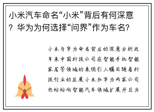 小米汽车命名“小米”背后有何深意？华为为何选择“问界”作为车名？