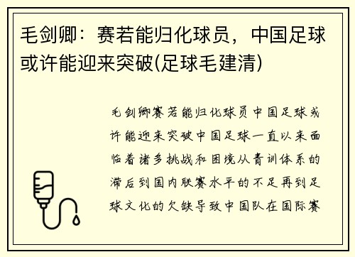 毛剑卿：赛若能归化球员，中国足球或许能迎来突破(足球毛建清)