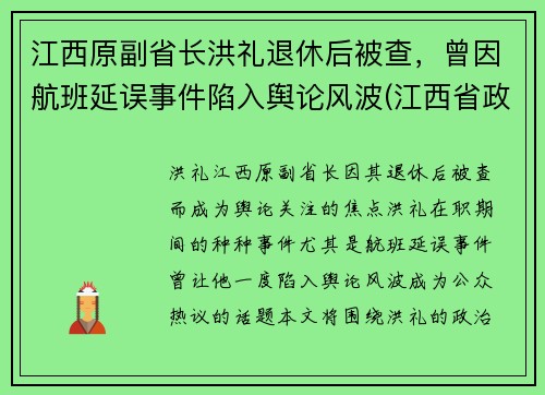 江西原副省长洪礼退休后被查，曾因航班延误事件陷入舆论风波(江西省政府领导洪继元)